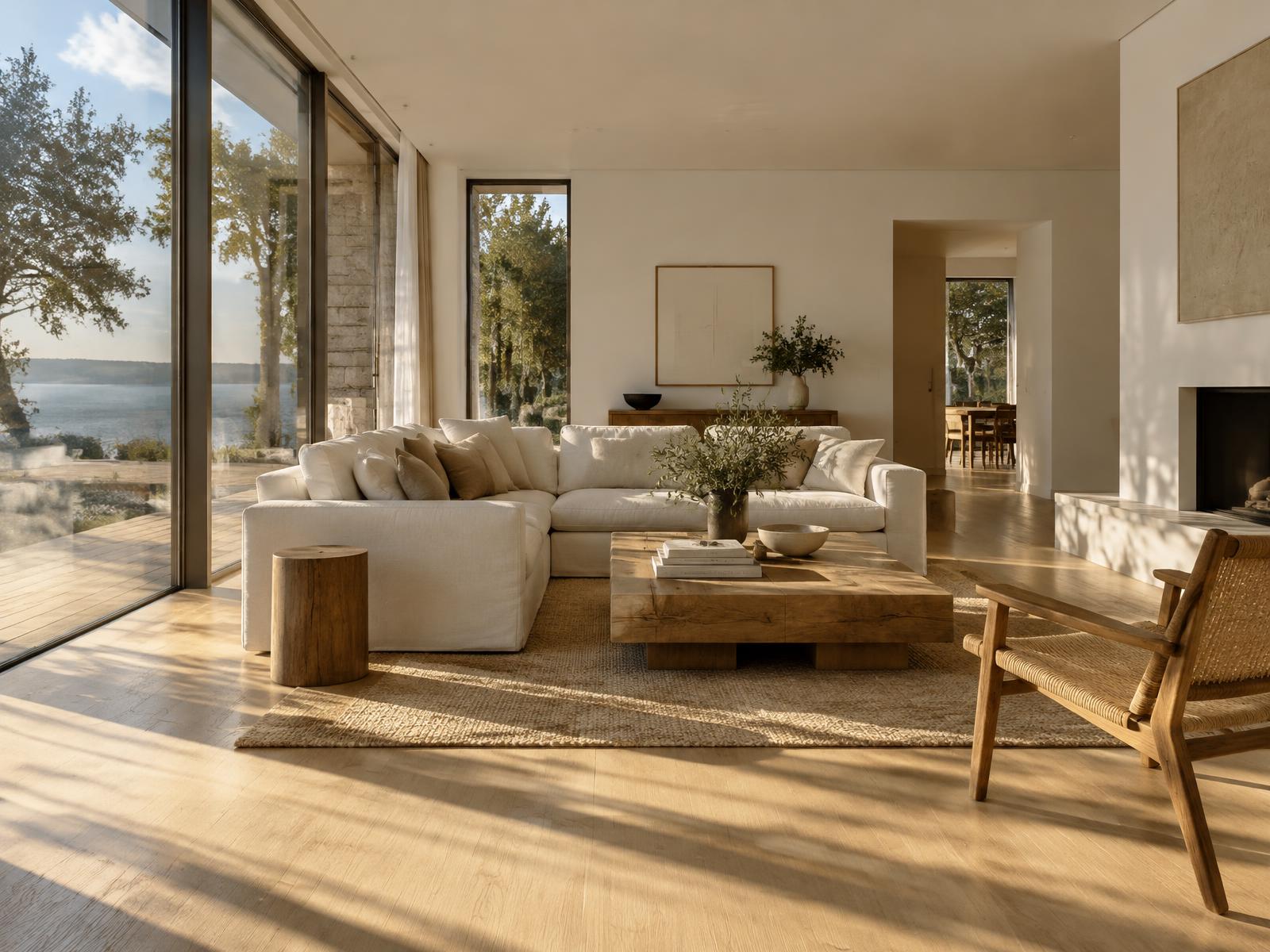 Sunlit modern living room with tall windows fitted with Window Film